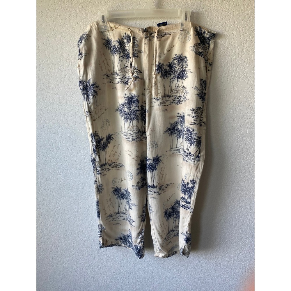 Island Traders Women Palm Tree Toile Print COASTAL Rayon Crop Pants Size L Blue
